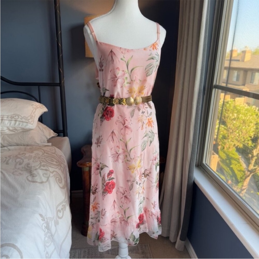 Pink Floral Romantic Silk Blend Midi Dress